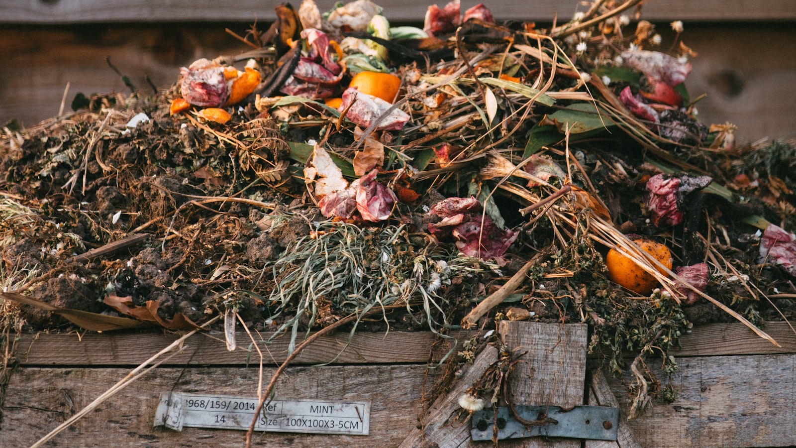A compost heap of food scraps and garden trimmings in a wooden bin against a fence.